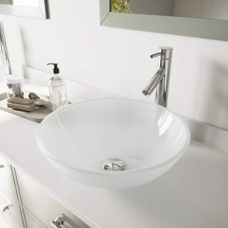 VIGO White Frost Glass Vessel Bathroom Sink Set With Dior Vessel Faucet In Chrome