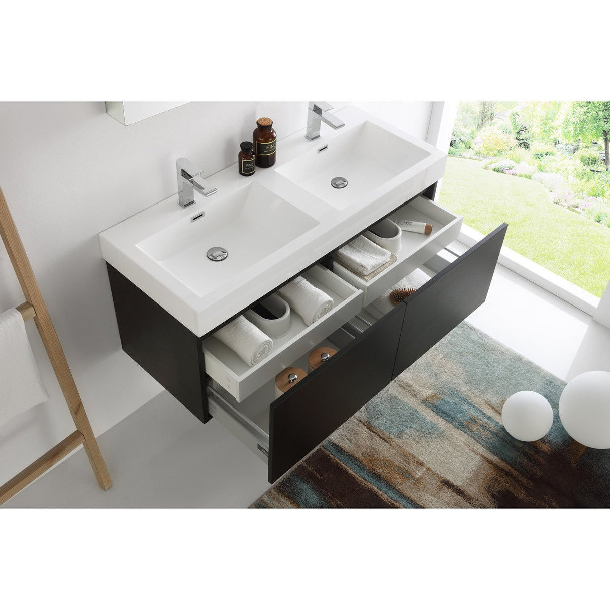 Fresca FVN8012BW Fresca Mezzo 48" Black Wall Hung Double Sink Modern Bathroom Vanity w/ Medicine Cabinet