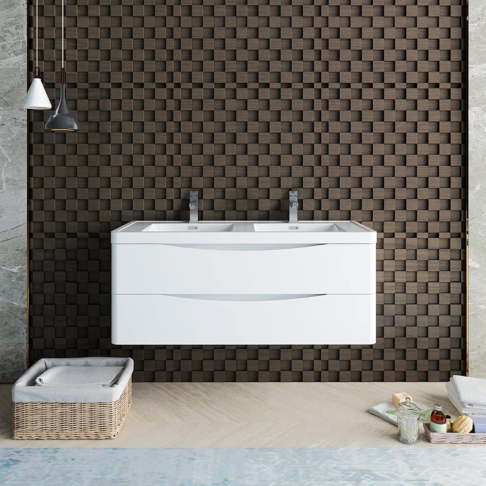Fresca FCB9048WH-D-I Fresca Tuscany 48" Glossy White Wall Hung Modern Bathroom Cabinet w/ Integrated Double Sink