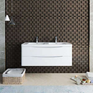 Fresca FCB9048WH-D-I Fresca Tuscany 48" Glossy White Wall Hung Modern Bathroom Cabinet w/ Integrated Double Sink