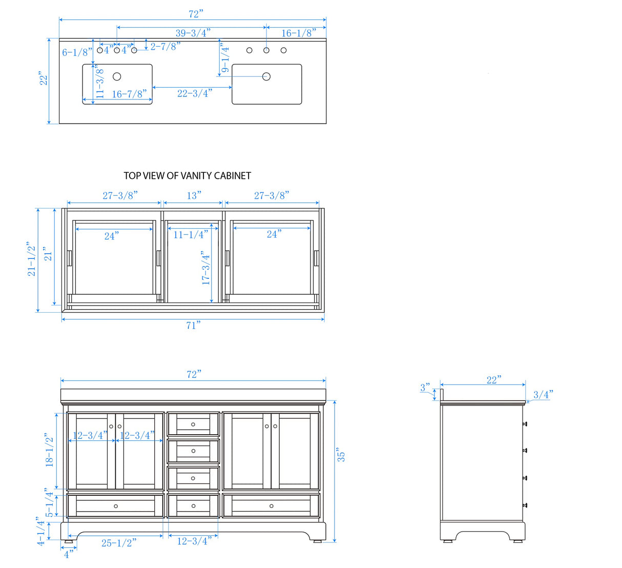 Deborah 72 Inch Double Bathroom Vanity in White White Carrara Marble Countertop Undermount Square Sinks and 24 Inch Mirrors