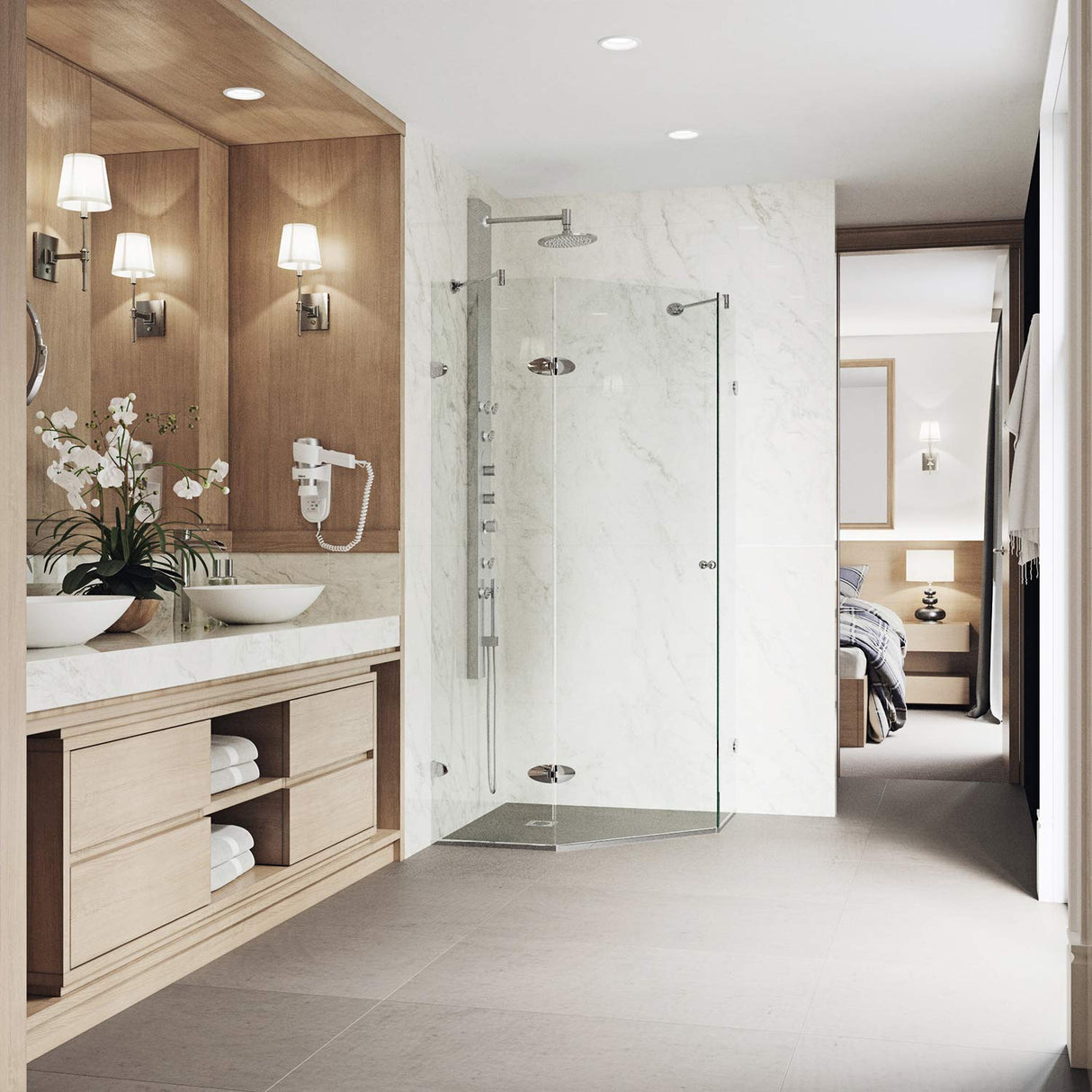 VIGO VG6061CHCL38 36.13" -36.13" W -73.38" H Frameless Hinged Neo-angle Shower Enclosure with Clear 0.38" Tempered Glass and Stainless Steel Hardware in Chrome Finish with Reversible Handle