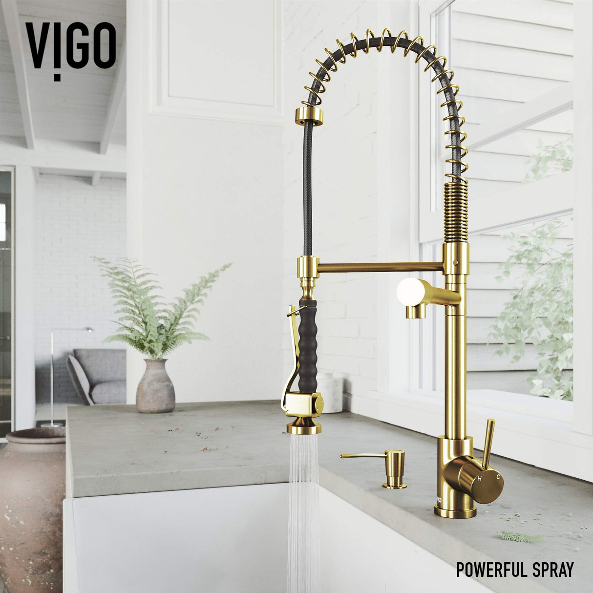 VIGO VG02007MGK2 27" H Zurich Single-Handle with Pull-Down Sprayer Kitchen Faucet with Soap Dispenser in Matte Gold