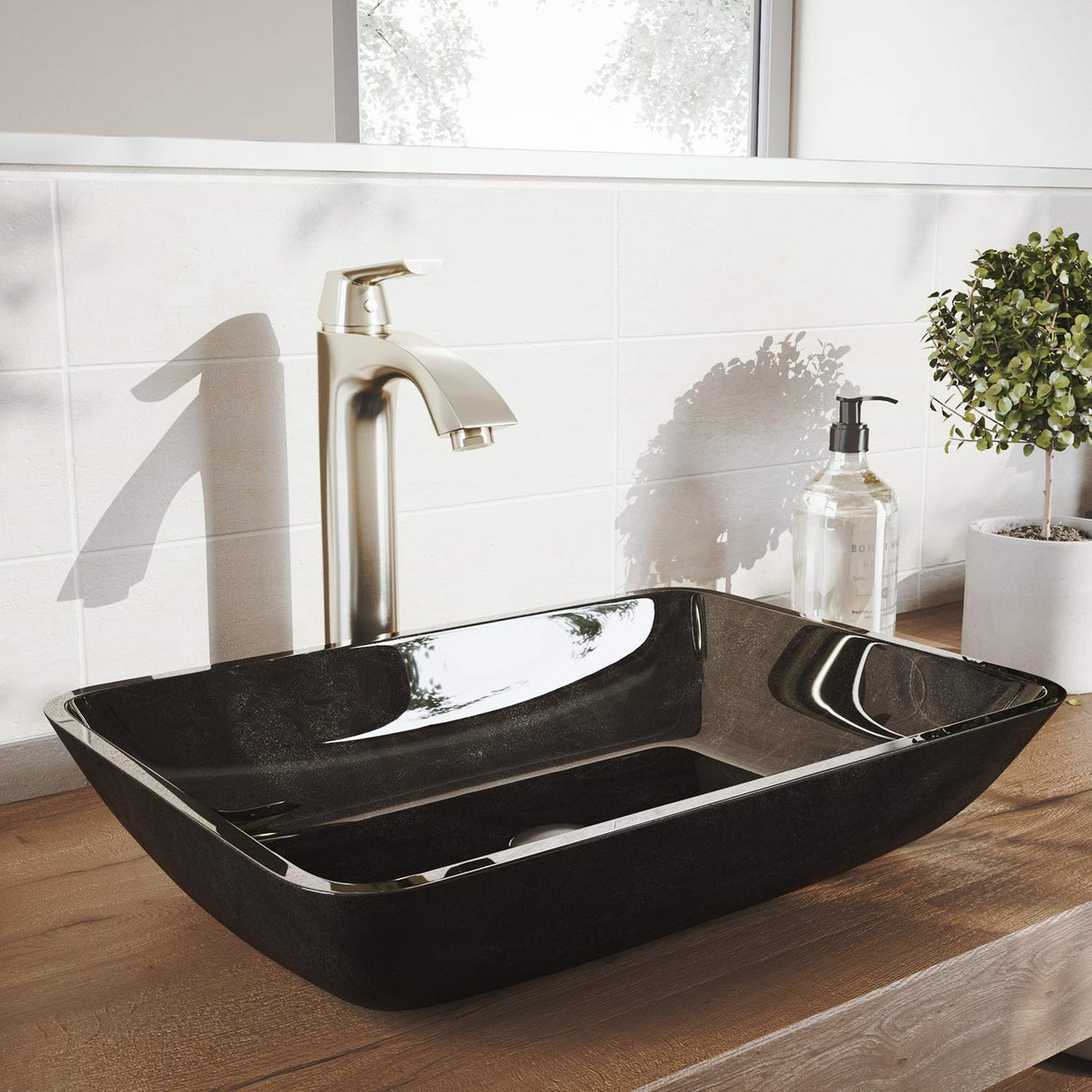 VIGO VGT1651 18.13" L -13.0" W -12.38" H Glass Rectangular Vessel Bathroom Sink in Onyx Gray with Linus Faucet and Pop-Up Drain in Brushed Nickel