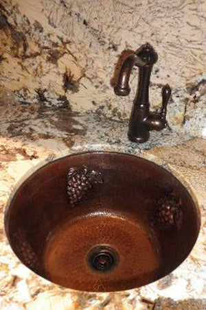 Premier Copper Products BR16GDB2 16-Inch Universal Round Hammered Copper with Grapes Bar Sink and 2-Inch Drain Size, Oil Rubbed Bronze