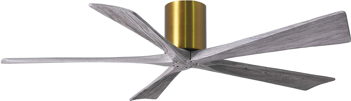 Matthews Fan IR5H-BRBR-BW-60 Irene-5H five-blade flush mount paddle fan in Brushed Brass finish with 60” solid barn wood tone blades. 