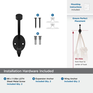 Amerock H55465MB Adare Double Prong Decorative Wall Hook Matte Black Hook for Coats, Hats, Backpacks, Bags Hooks for Bathroom, Bedroom, Closet, Entryway, Laundry Room, Office