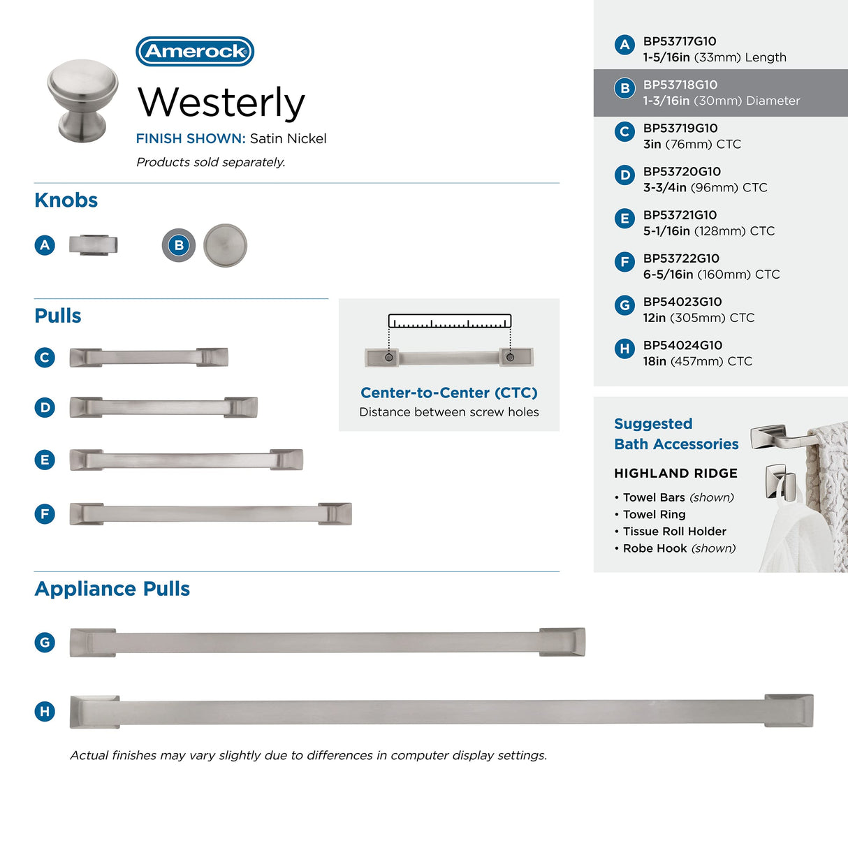 Amerock Cabinet Knob Satin Nickel 1-3/16 inch (30 mm) Diameter Westerly 1 Pack Drawer Knob Cabinet Hardware