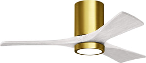 Matthews Fan IR3HLK-BRBR-MWH-42 Irene-3HLK three-blade flush mount paddle fan in Brushed Brass finish with 42” solid matte white wood blades and integrated LED light kit.