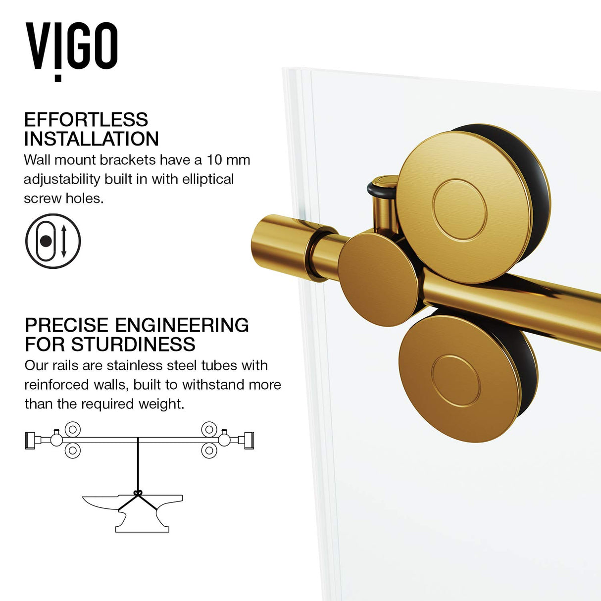 VIGO 48"W x 80"H Winslow Frameless Sliding Rectangle Shower Enclosure with Clear Tempered Glass, Right Door Handle and Stainless Steel Hardware in Matte Brushed Gold and Left Base-VG6051MGCL48WL