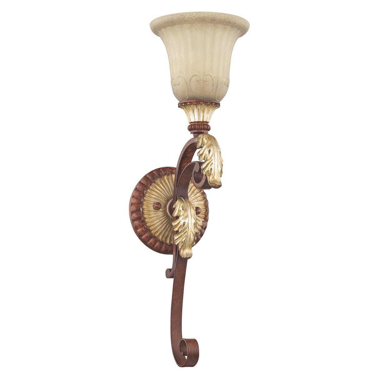 Livex Lighting 8581-63 Villa Verona 1 Light Verona Bronze Finish Wall Sconce with Aged Gold Leaf Accents and Rustic Art Glass