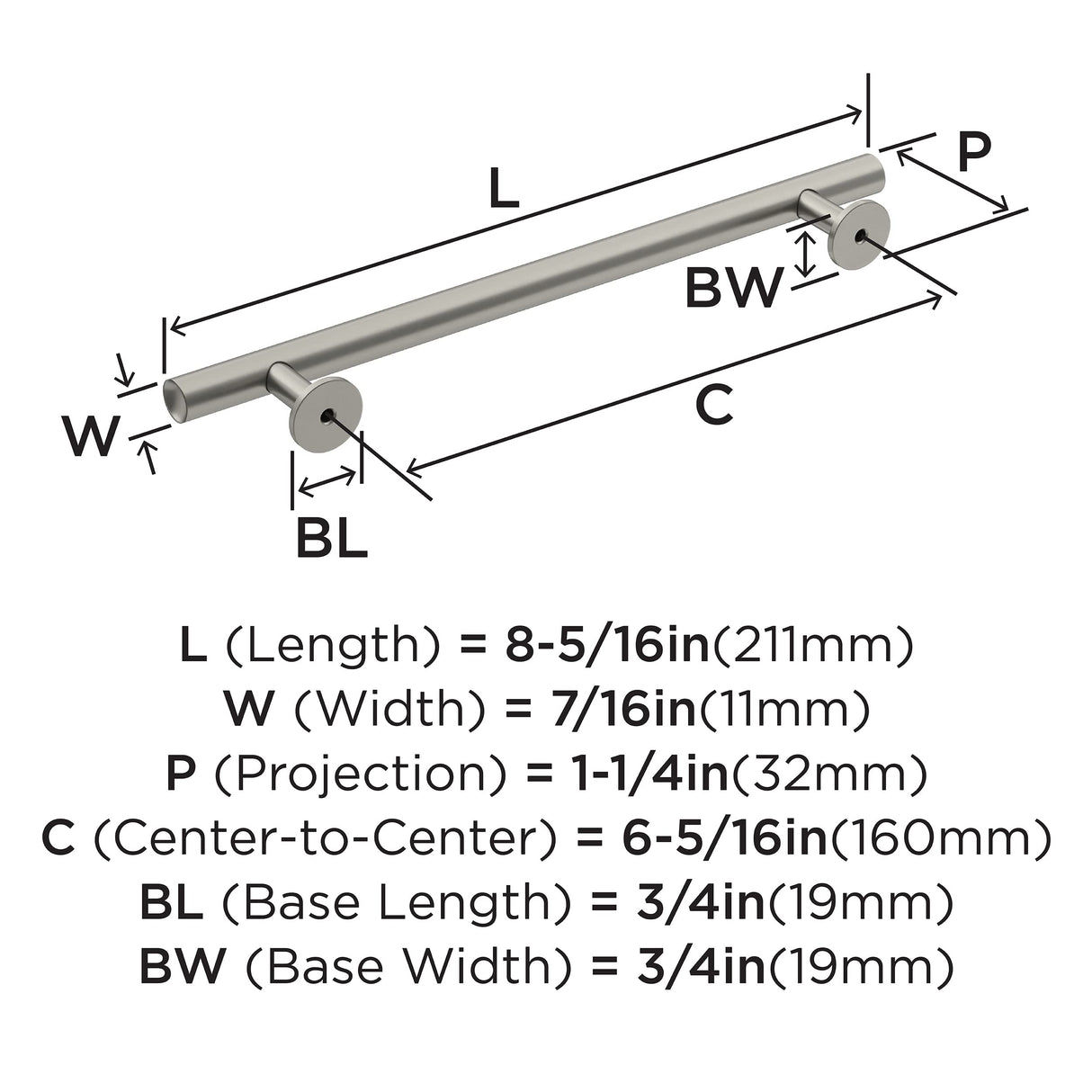 Amerock Cabinet Pull Satin Nickel 6-5/16 inch (160 mm) Center-to-Center Radius 1 Pack Drawer Pull Cabinet Handle Cabinet Hardware