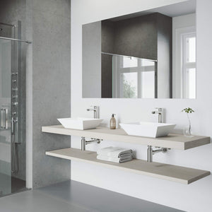 VIGO VGT941 13.75" L -18.0" W -10.38" H Matte Stone Vinca Composite Rectangular Vessel Bathroom Sink in White with Faucet and Pop-Up Drain in Brushed Nickel