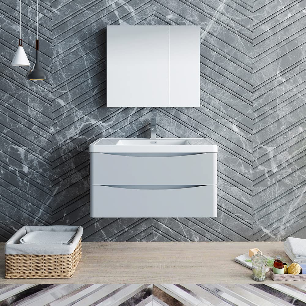 Fresca FVN9036GRG Fresca Tuscany 36" Glossy Gray Wall Hung Modern Bathroom Vanity w/ Medicine Cabinet