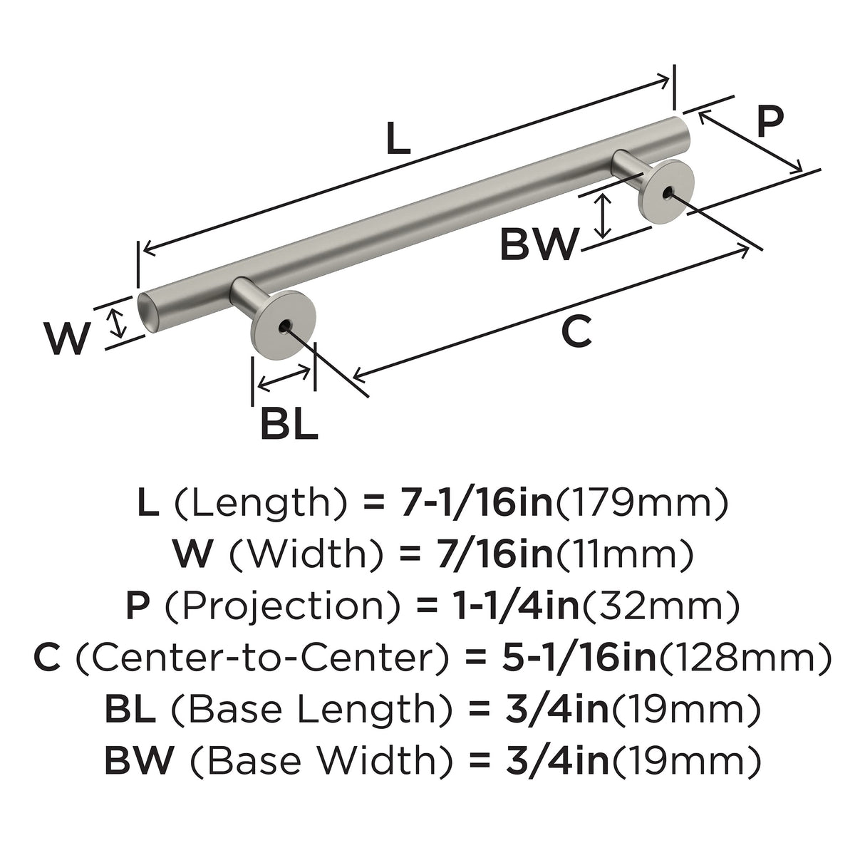 Amerock Cabinet Pull Satin Nickel 5-1/16 inch (128 mm) Center-to-Center Radius 1 Pack Drawer Pull Cabinet Handle Cabinet Hardware