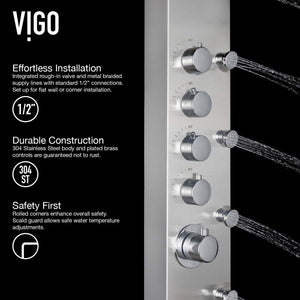 VIGO VG08005 Brielle 2.75" -6.38" W -70.5" H Shower Massage Panel 6 -Jet High Pressure Shower System with Thermostatic, Volume, Dual Function Control Type, Brass Hardware in Stainless Steel Finish