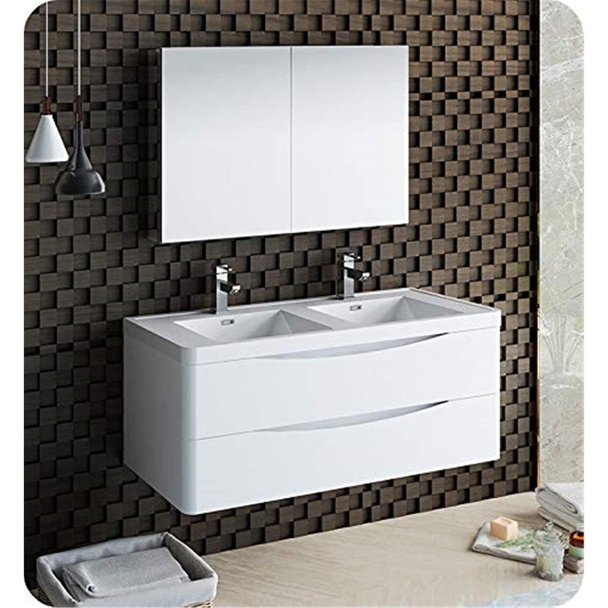 Fresca FVN9048WH-D Fresca Tuscany 48" Glossy White Wall Hung Double Sink Modern Bathroom Vanity w/ Medicine Cabinet