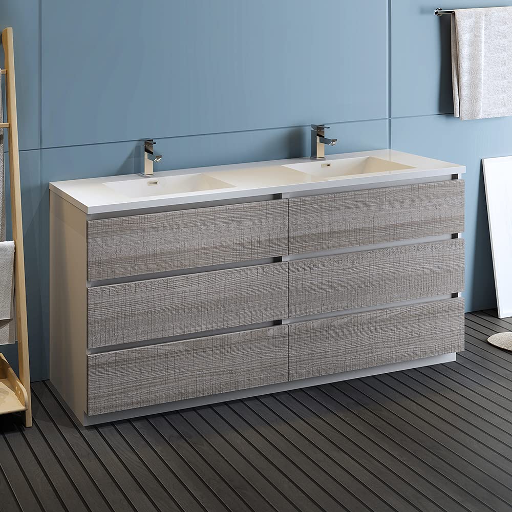 Fresca FCB93-3636MGO-D-I Fresca Lazzaro 72" Gray Wood Free Standing Modern Bathroom Cabinet w/ Integrated Double Sink