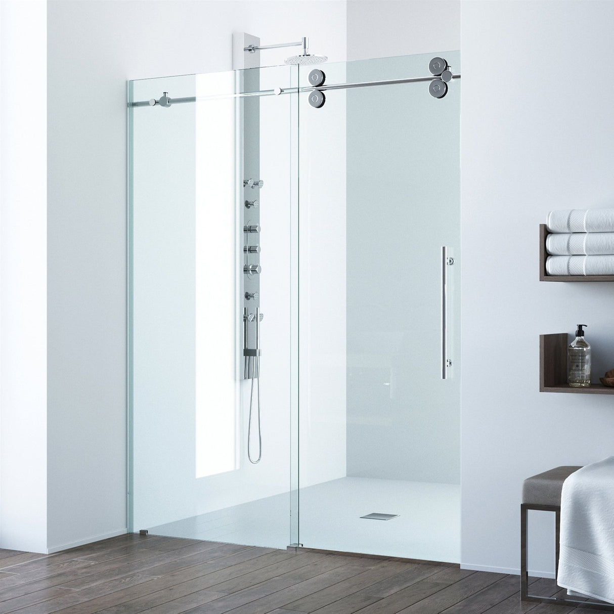 VIGO Adjustable 48 - 52 in. W x 74 in. H Frameless Sliding Rectangle Shower Door with Clear Tempered Glass and Stainless Steel Hardware in Chrome Finish with Reversible Handle - VG6041CHCL5274