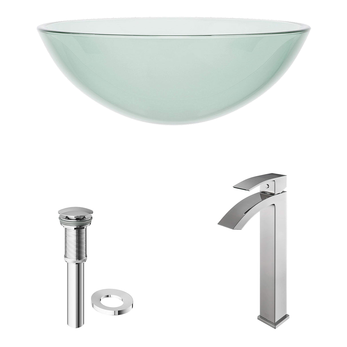 VIGO VGT890 16.5" L -16.5" W -12.0" H Handmade Countertop Glass Round Vessel Bathroom Sink Set in Iridescent Finish with Chrome Single-Handle Single Hole Faucet and Pop Up Drain