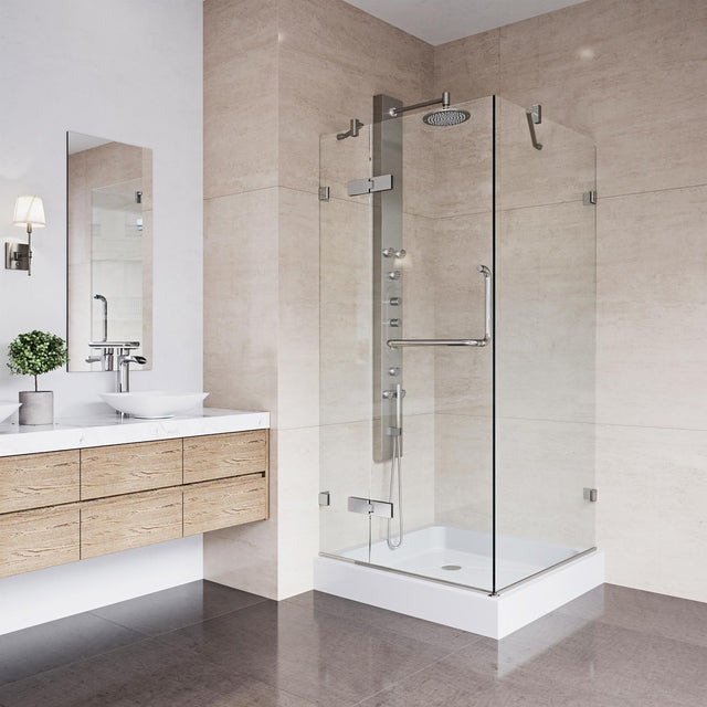 VIGO 32 in. x 32 in. x 79 in. Monteray Frameless Hinged Rectangle Shower Enclosure with Clear 0.38" Tempered Glass and Hardware in Brushed Nickel Finish with Left Handle and Base - VG6011CHCL32W