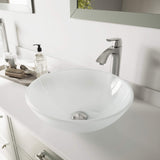 VIGO VGT1091 16.5" L -16.5" W -12.38" H Handmade Countertop Glass Round Vessel Bathroom Sink Set in White Frost Finish with Brushed Nickel Single-Handle Single Hole Faucet and Pop Up Drain