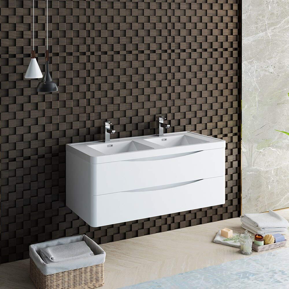 Fresca FCB9048WH-D-I Fresca Tuscany 48" Glossy White Wall Hung Modern Bathroom Cabinet w/ Integrated Double Sink