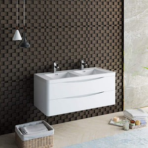 Fresca FCB9048WH-D-I Fresca Tuscany 48" Glossy White Wall Hung Modern Bathroom Cabinet w/ Integrated Double Sink
