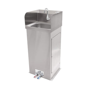 John Boos PBHS-F-1410-SSLR Hands-Free Pedestal Hand Washing Sink 14" W x 10" Front to Back 5" Deep Bowl, with Side Splashes, 1 Centered Splash Mount Faucet Hole, Goose Neck Spout and Foot Valves