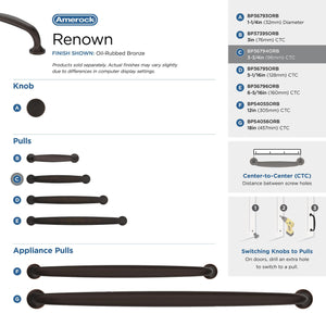 Amerock Cabinet Pull Oil Rubbed Bronze 3-3/4 inch (96 mm) Center-to-Center Renown 1 Pack Drawer Pull Cabinet Handle Cabinet Hardware