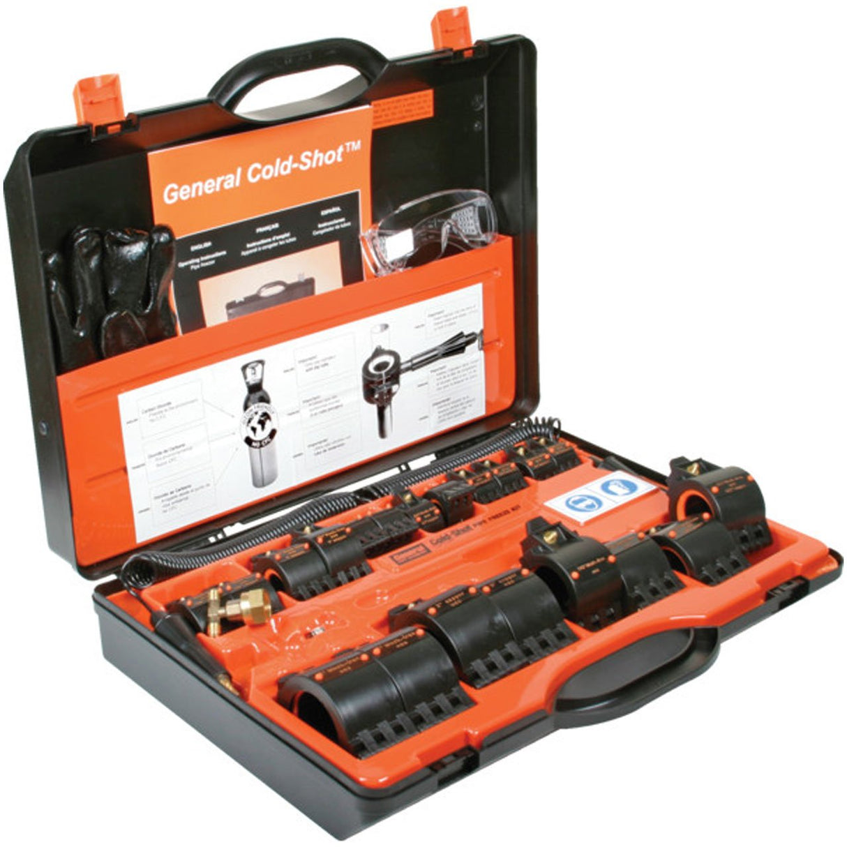 General Wire CST2 Cold-Shot Pipe Freeze Kit (includes: 10 Sets of Freeze Heads for 1/8" 2" lines, Two High Pressure Spiral Hoses w/Grips & Injectors, T-Distributor, Locking Nut, Hex Head Screwdriver, Rubber Gloves, Goggles, Carrying Case)