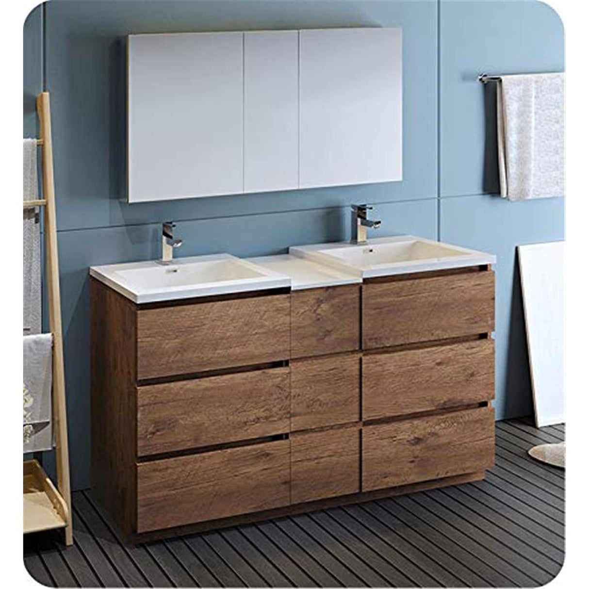 Fresca FVN93-241224RW-D Fresca Lazzaro 60" Rosewood Free Standing Double Sink Modern Bathroom Vanity w/ Medicine Cabinet