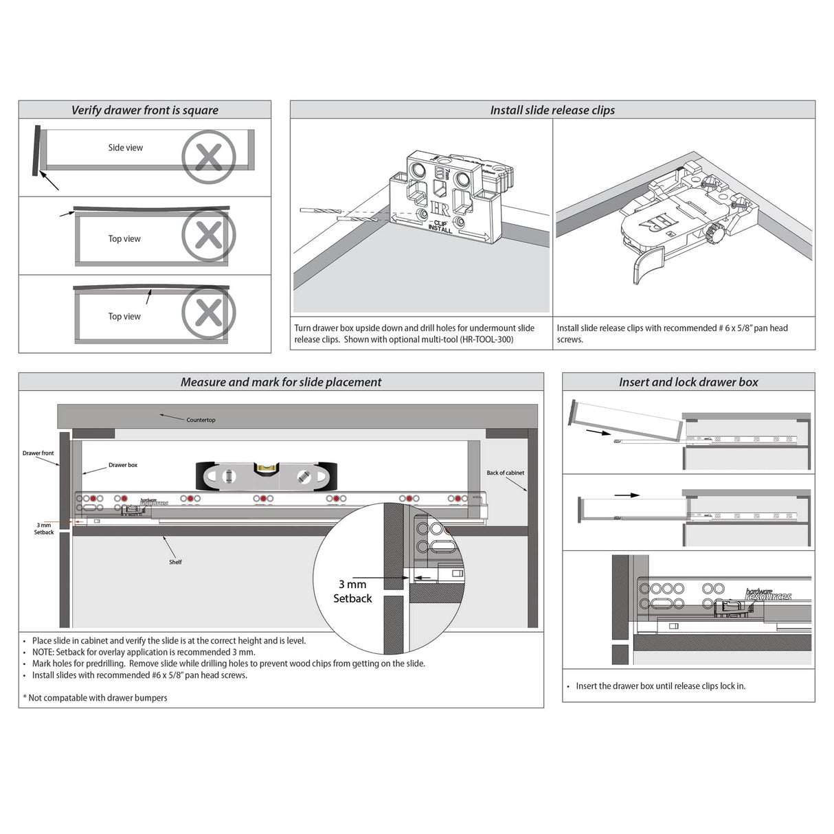 Hardware Resources USE58-21 21" Standard Duty Soft-close 100 lb Full Extension Undermount Slide Kit - Includes Clips, Rear Brackets & Screws