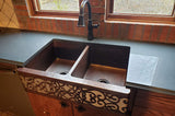 Premier Copper Products 33-inch Copper Apron Front 50/50 Double Basin Kitchen Sink w/Scroll Dsgn Nickel Bkgrnd