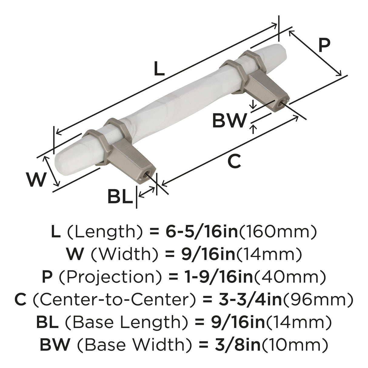 Amerock Cabinet Pull Marble White/Satin Nickel  3-3/4 inch (96 mm) Center to Center Carrione 1 Pack Drawer Pull Drawer Handle Cabinet Hardware