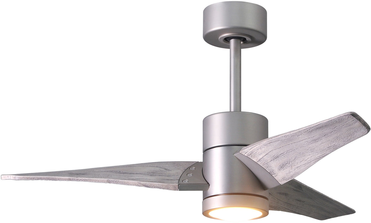 Matthews Fan SJ-BN-BW-42 Super Janet three-blade ceiling fan in Brushed Nickel finish with 42” solid barn wood tone blades and dimmable LED light kit 
