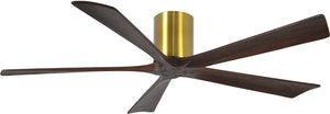 Matthews Fan IR5H-BRBR-WA-60 Irene-5H five-blade flush mount paddle fan in Brushed Brass finish with 60” solid walnut tone blades. 