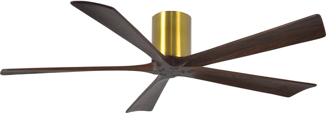 Matthews Fan IR5H-BRBR-WA-60 Irene-5H five-blade flush mount paddle fan in Brushed Brass finish with 60” solid walnut tone blades. 