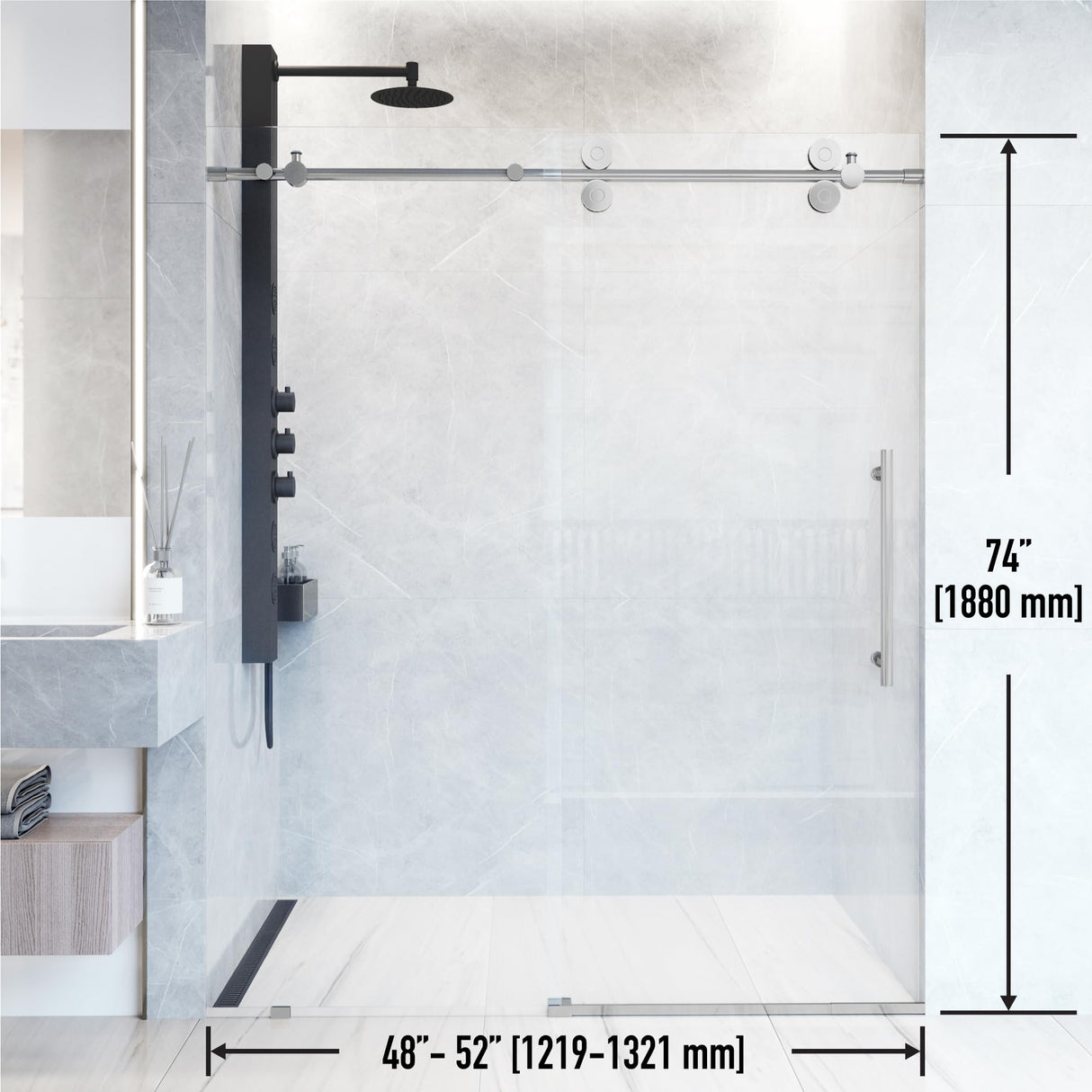 VIGO Adjustable 48 - 52 in. W x 74 in. H Frameless Sliding Rectangle Shower Door with Clear Tempered Glass and Stainless Steel Hardware in Chrome Finish with Reversible Handle - VG6041CHCL5274