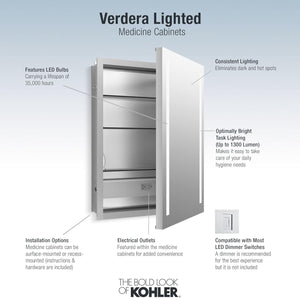 Kohler Verdera 24" x 30" Lighted Single Door Medicine Cabinet with Three Shelves, Built-in Outlets and Flip Out Magnifying Mirror - CA Title 24 Compliant