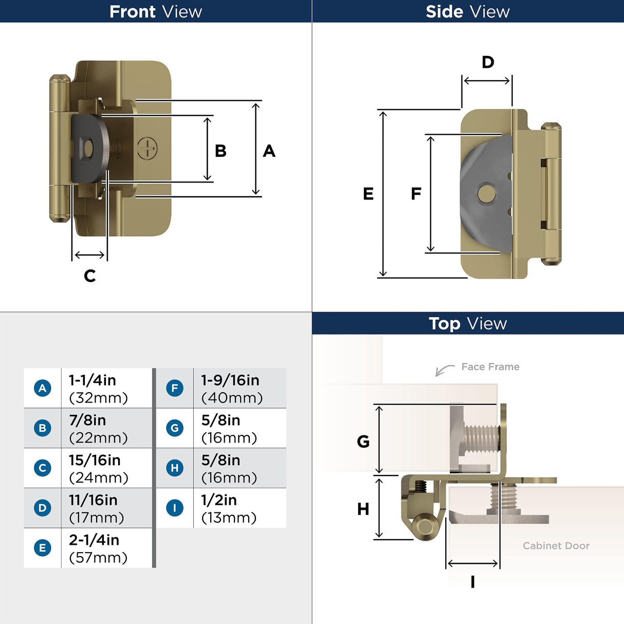 Amerock BPR8704BBZ Cabinet Hinge 1/2 in (13 mm) Overlay Double Demountable Golden Champagne Kitchen Cabinet Door Hinge 1 Pair/2 Pack Functional Hardware