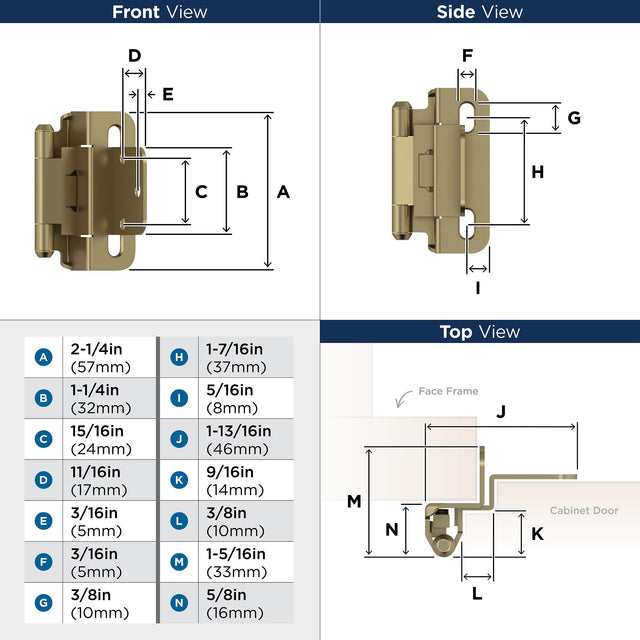 Amerock BPR7565BBZ Cabinet Hinge 3/8 in (10 mm) Inset Self Closing Partial Wrap Golden Champagne Kitchen Cabinet Door Hinge 1 Pair/2 Pack Functional Hardware