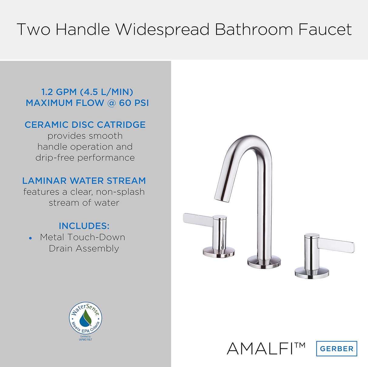 Gerber D303130 Chrome Amalfi Two Handle Widespread Lavatory Faucet