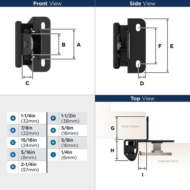Amerock BPR8715FB Cabinet Hinge 1/4 in (6 mm) Overlay Single Demountable Partial Wrap Matte Black Kitchen Cabinet Door Hinge 1 Pair/2 Pack Functional Hardware
