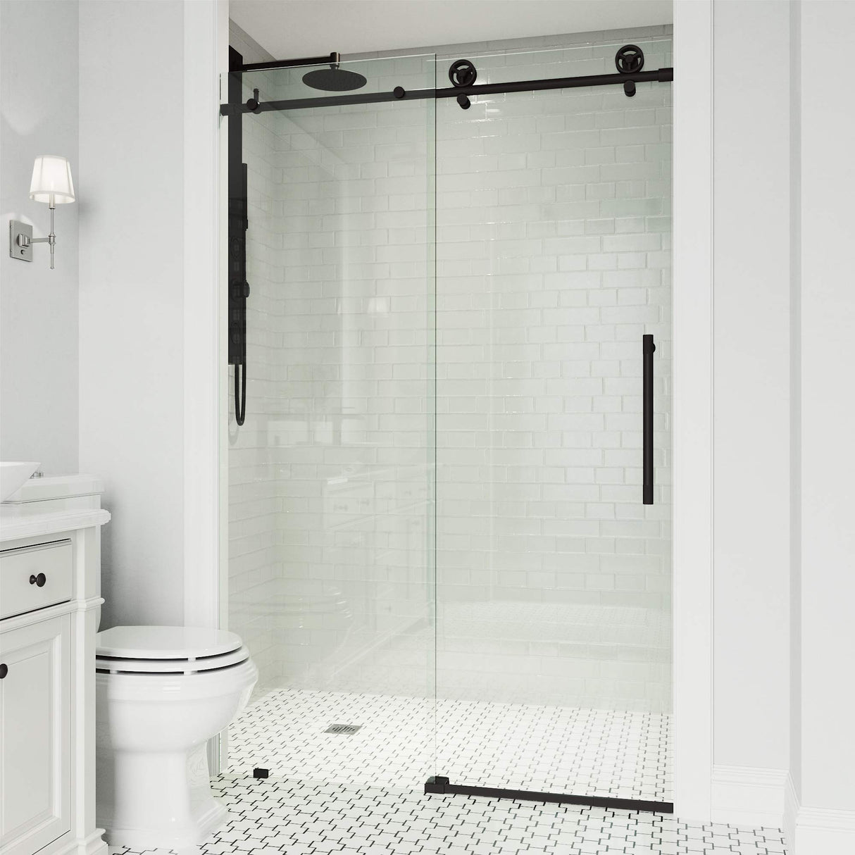 VIGO Adjustable 52-56" W x 76" H Elan Cass Aerodynamic Frameless Sliding Shower Door with Clear Tempered Glass, Reversible Door Handle and Stainless Steel Hardware in Matte Black-VG6044MBCL5676