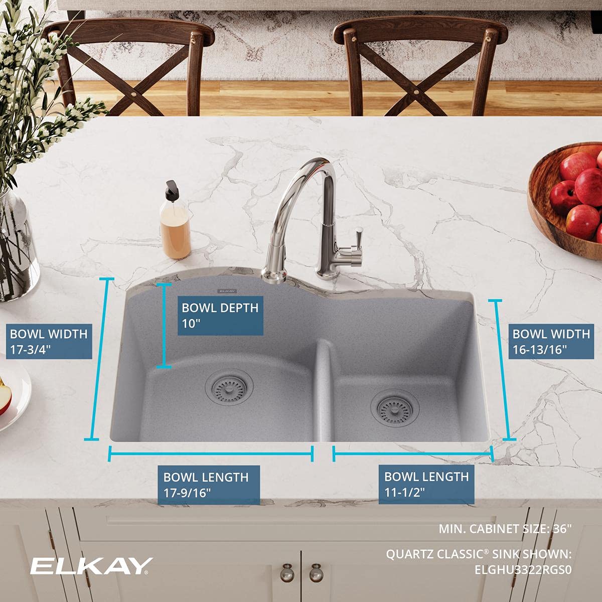 Elkay Quartz Classic ELGHU3322RGS0 Greystone Offset 60/40 Double Bowl Undermount Sink with Aqua Divide