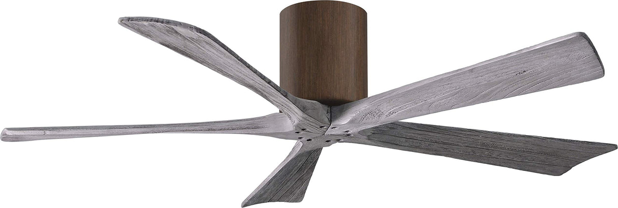 Matthews Fan IR5H-WN-BW-52 Irene-5H five-blade flush mount paddle fan in Walnut finish with 52” solid barn wood tone blades. 