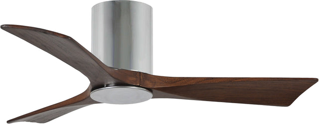 Matthews Fan IR3HLK-CR-WA-42 Irene-3HLK three-blade flush mount paddle fan in Polished Chrome finish with 42” solid walnut tone blades and integrated LED light kit.