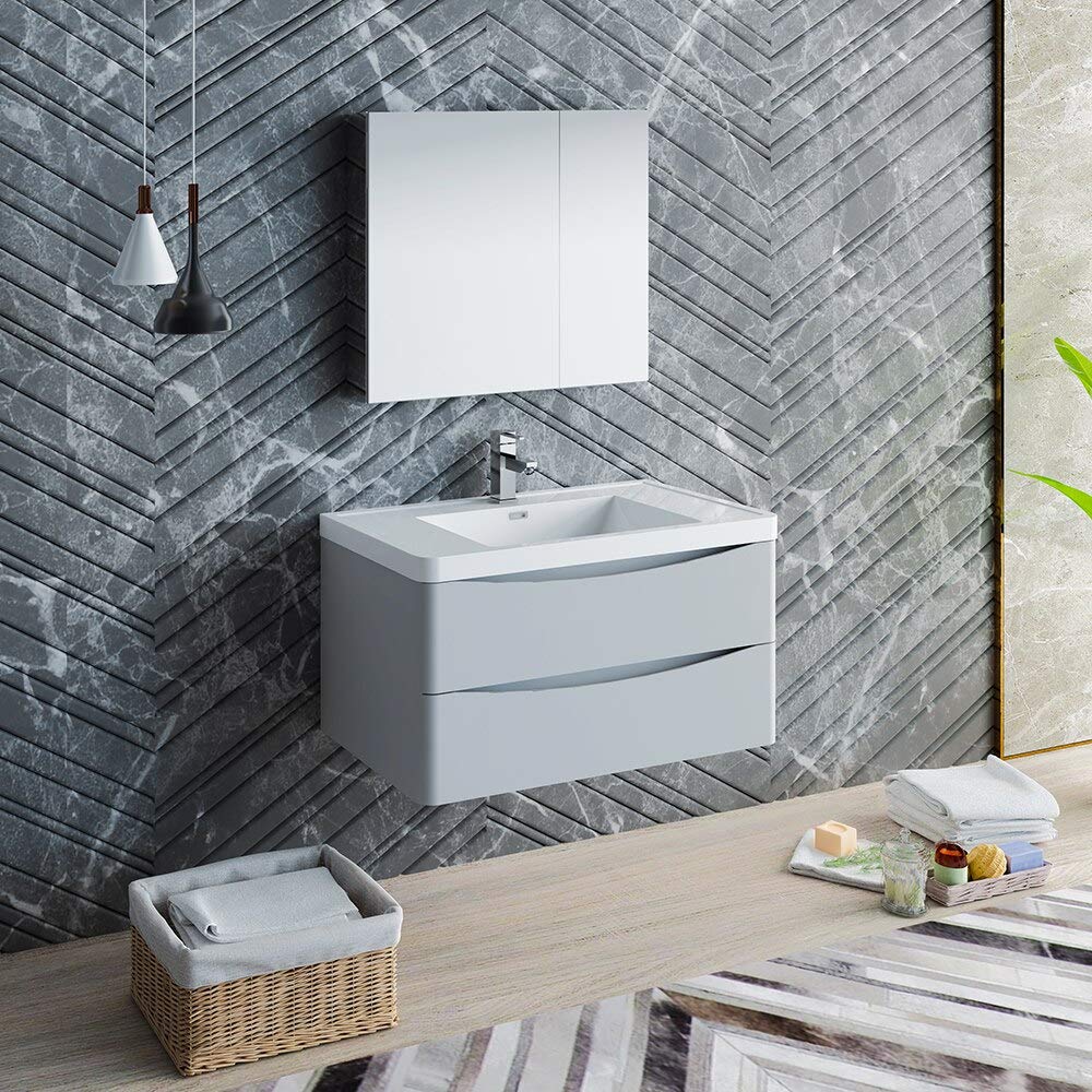 Fresca FVN9036GRG Fresca Tuscany 36" Glossy Gray Wall Hung Modern Bathroom Vanity w/ Medicine Cabinet