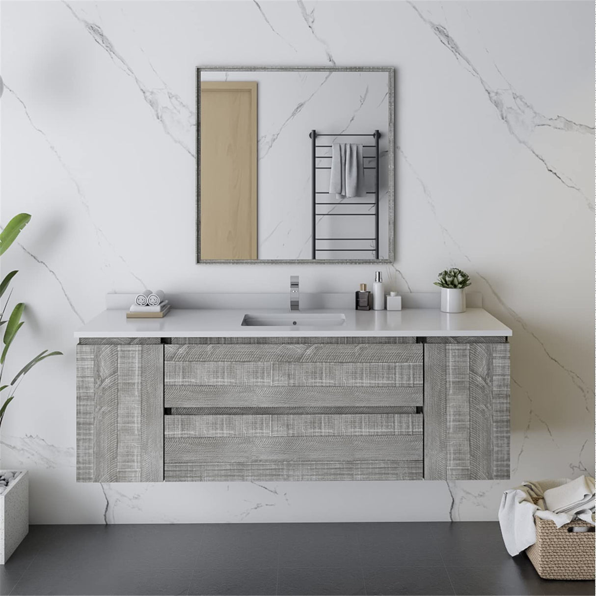 Fresca FVN31-123612ASH Fresca Formosa 60" Wall Hung Single Sink Modern Bathroom Vanity w/ Mirror in Ash